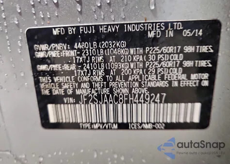 2015 Subaru Forester 2.5I из США, поврежденный, VIN JF2SJAAC8FH449247